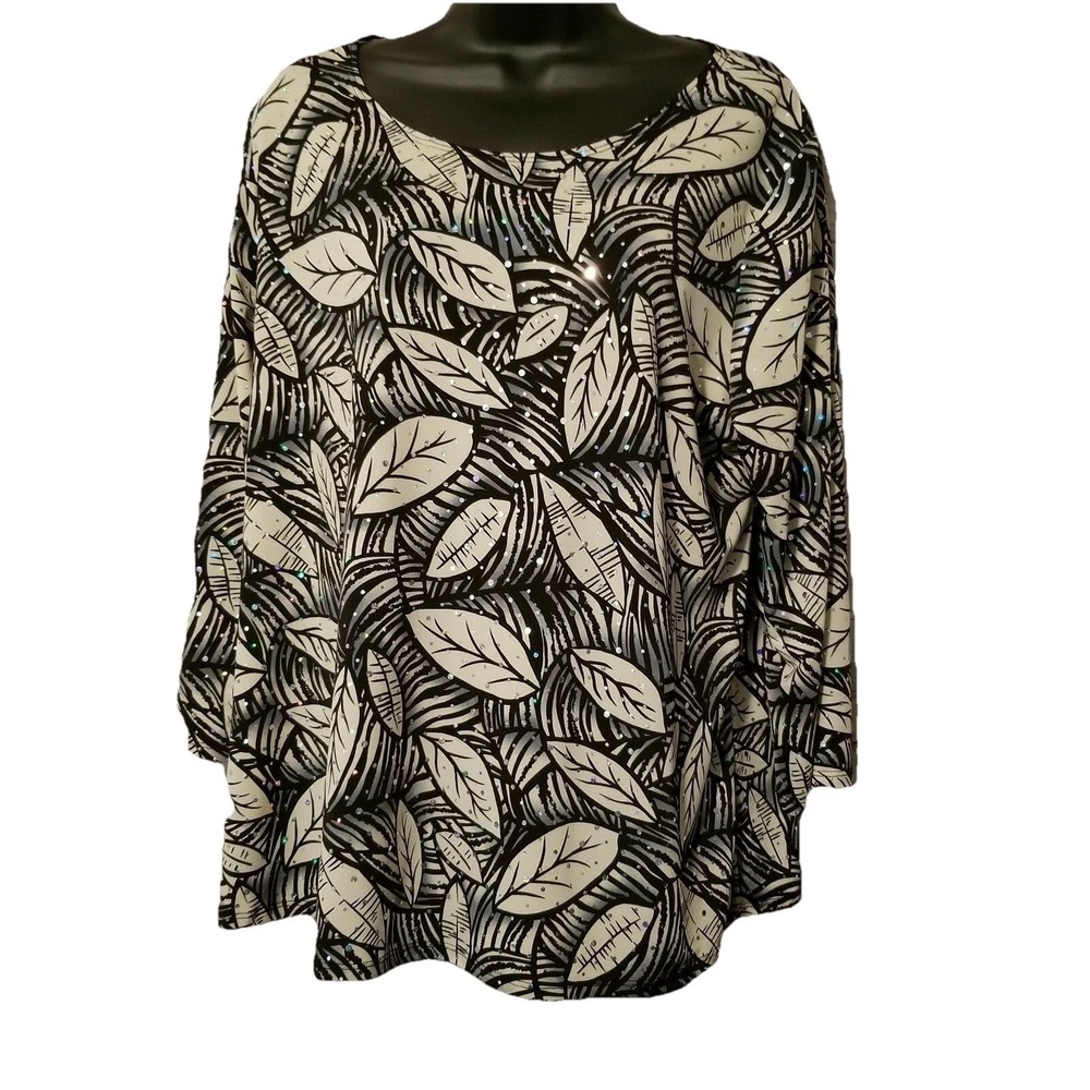 Brittany Black Women's Slip Over Top 1XL Black Cream Leafs Sparkles 3/4 Sleeve